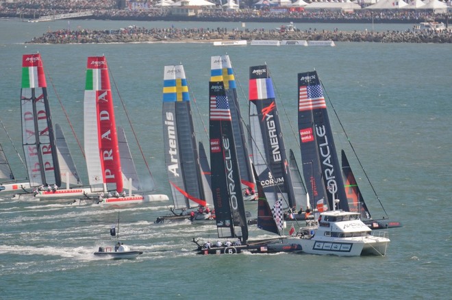Oracle Racing Coutts - at the windward end of the line hits the Committee Boat - 3 © Christophe Favreau http://christophefavreau.photoshelter.com/